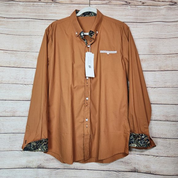 NWT Coofandy Button Up Shirt Men's Medium Brown Flip Cuff Long Sleeve Western - Picture 1 of 15